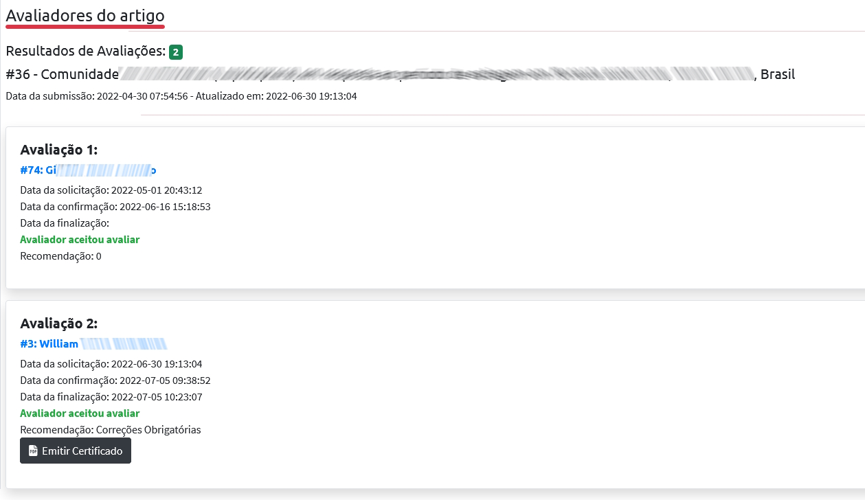 Tela de emissão de certificados por artigo